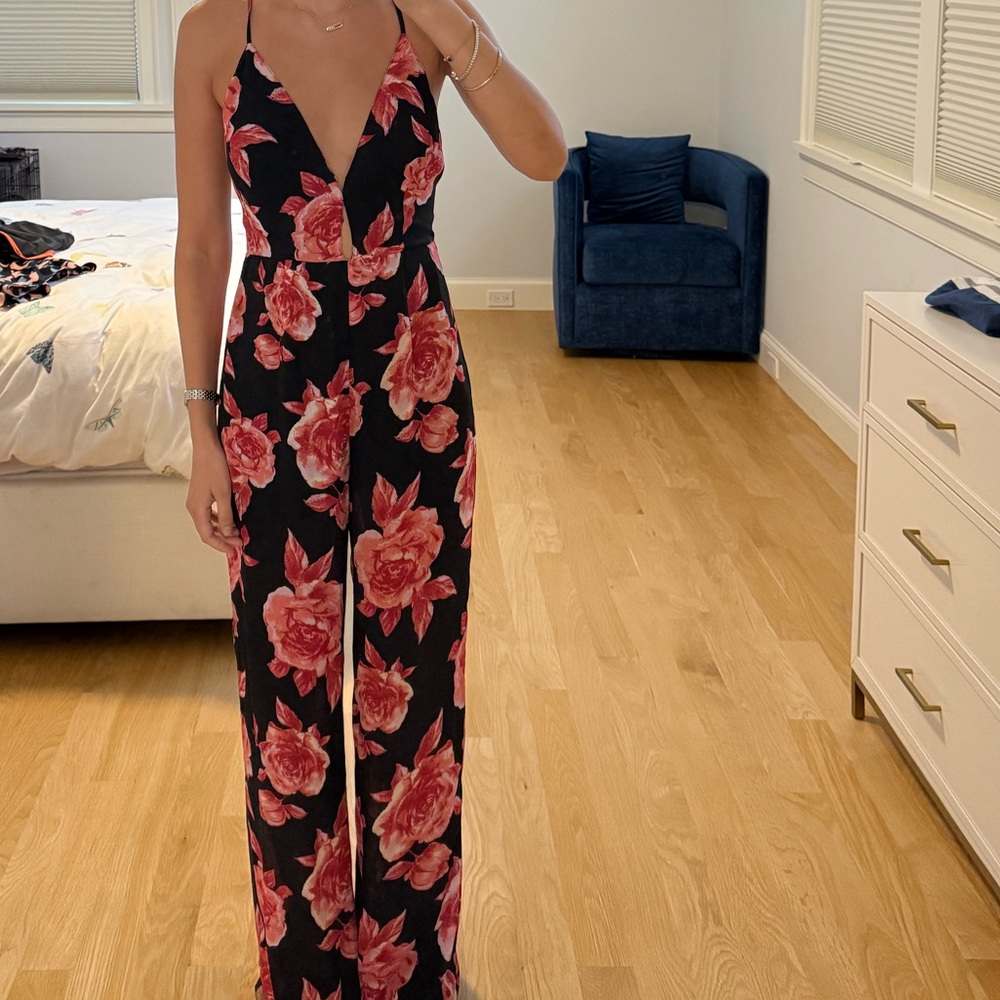 Forever 21 Black Jumpsuit with Red Floral Design